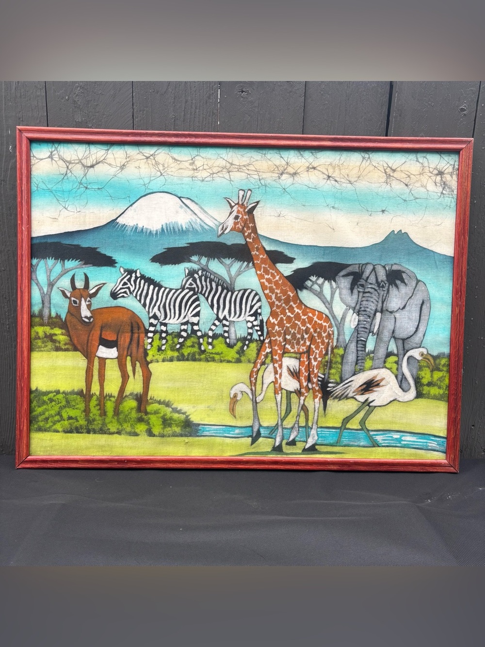 Vintage Handmade African Batik Textile Wall Art Framed Safari Giraffe 28x21